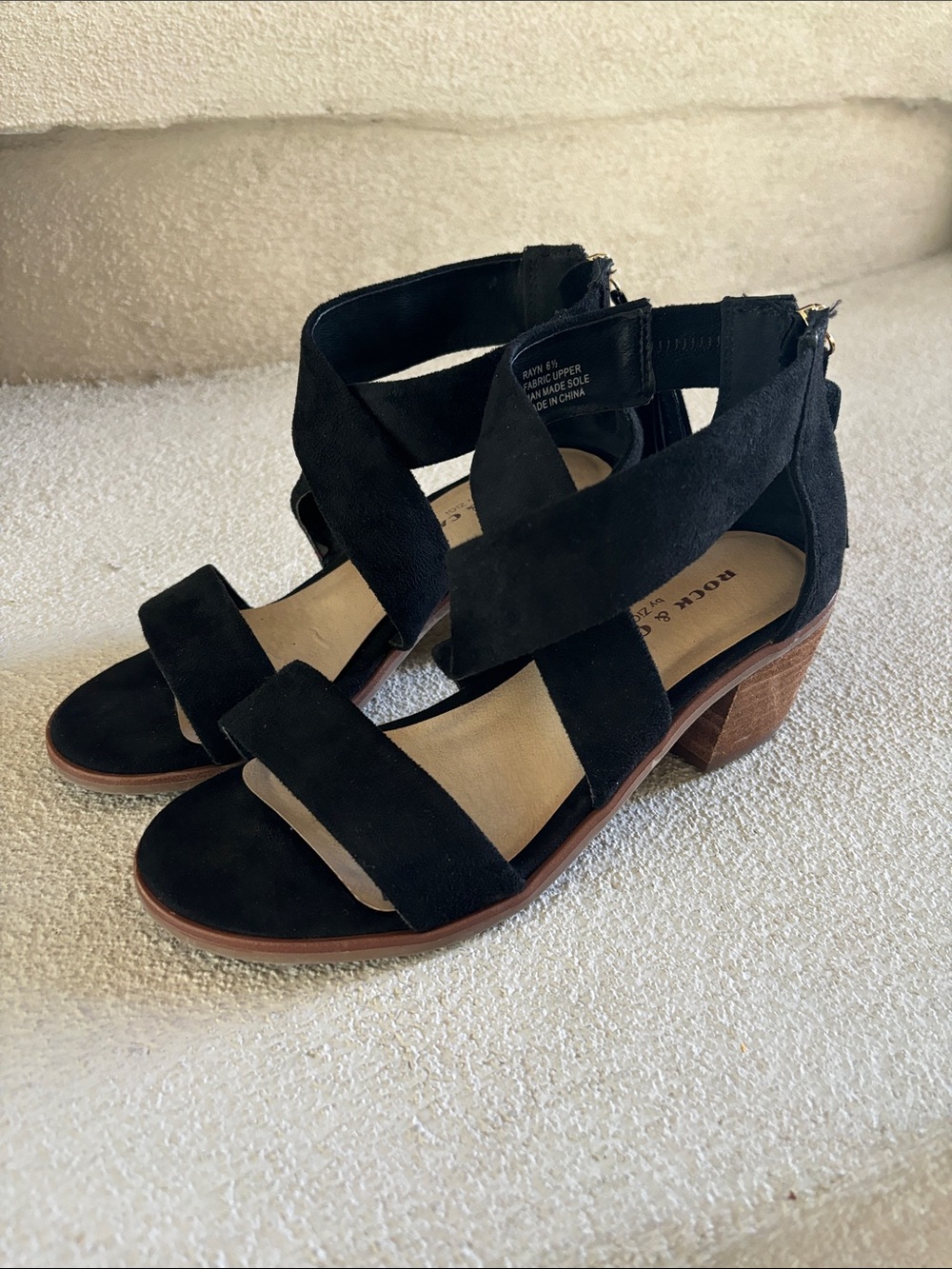 Rock & Candy Black Suede Crisscross Strap Block Heel Sandals